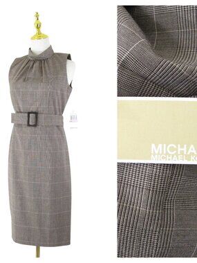 MICHEAL Michael Kors Gray Tan Plaid High Neck Sleeveless Sheath Dress 6